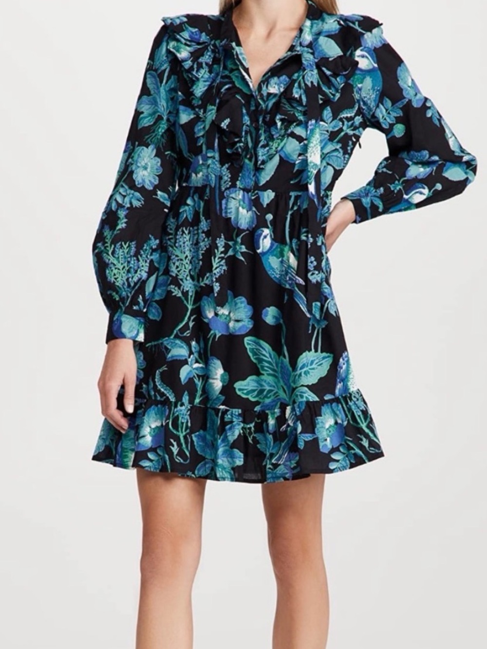BANJANAN Floral Ruffle Long-Sleeve Mini Dress - Blue/Black 100% Cotton Size Smal